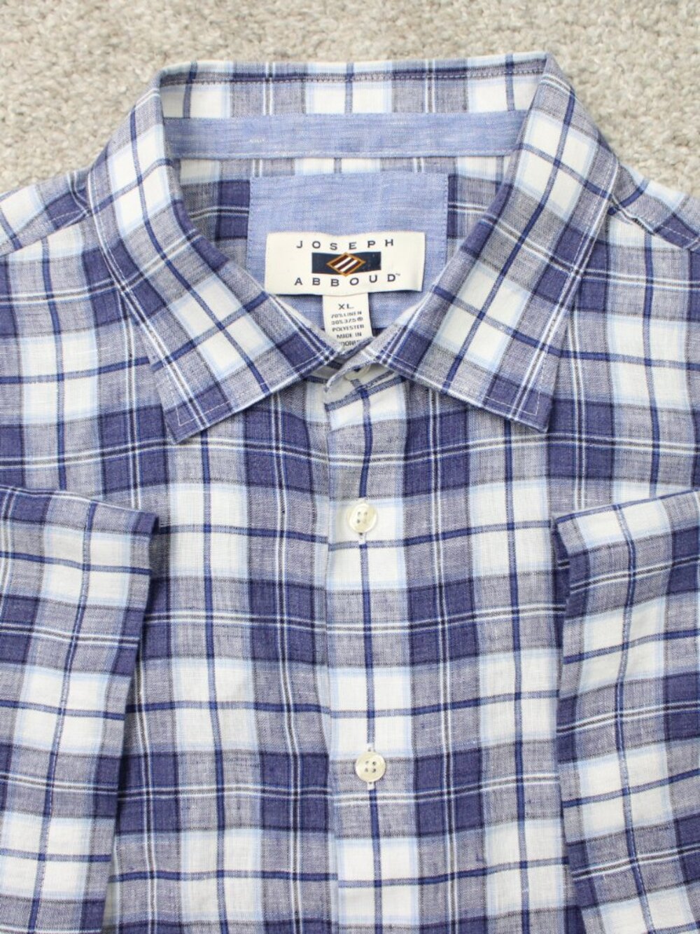 Joseph Abboud Shirt Mens XL Blue/White Plaid Linen-37.5 Poly Blend Short Sleeve